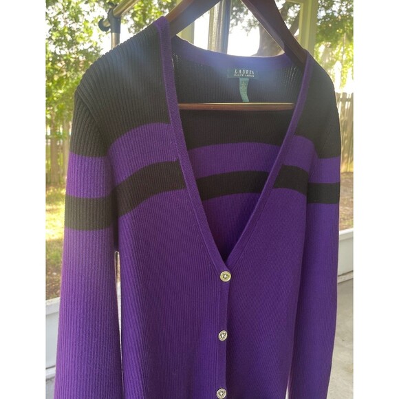 Lauren Ralph Lauren SZ LARGE  Purple and Black V-Neck Ribbed Cardigan Preppy - Picture 4 of 12